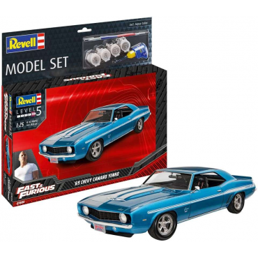 KIT PARA MONTAR REVELL MODEL SET VELOZES & FURIOSOS 1969 CHEVY CAMARO YENKO 1/25 92 PEÇAS COMPLETO COM TINTAS COLA E PINCEL REV 67694